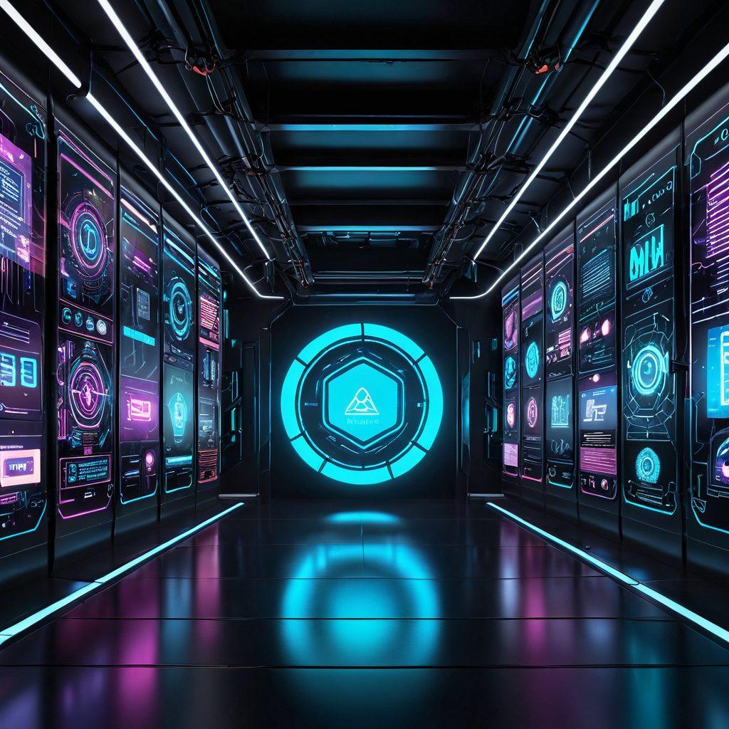 A sleek digital landscape featuring interconnected networks symbolizing personalized insurance services. Include elements like futuristic web solutions, abstract icons representing innovation, and paths leading to a vibrant, glowing insurance shield. The scene should convey a sense of exploration and technology. super-realistic. vibrant colors. cyberpunk.