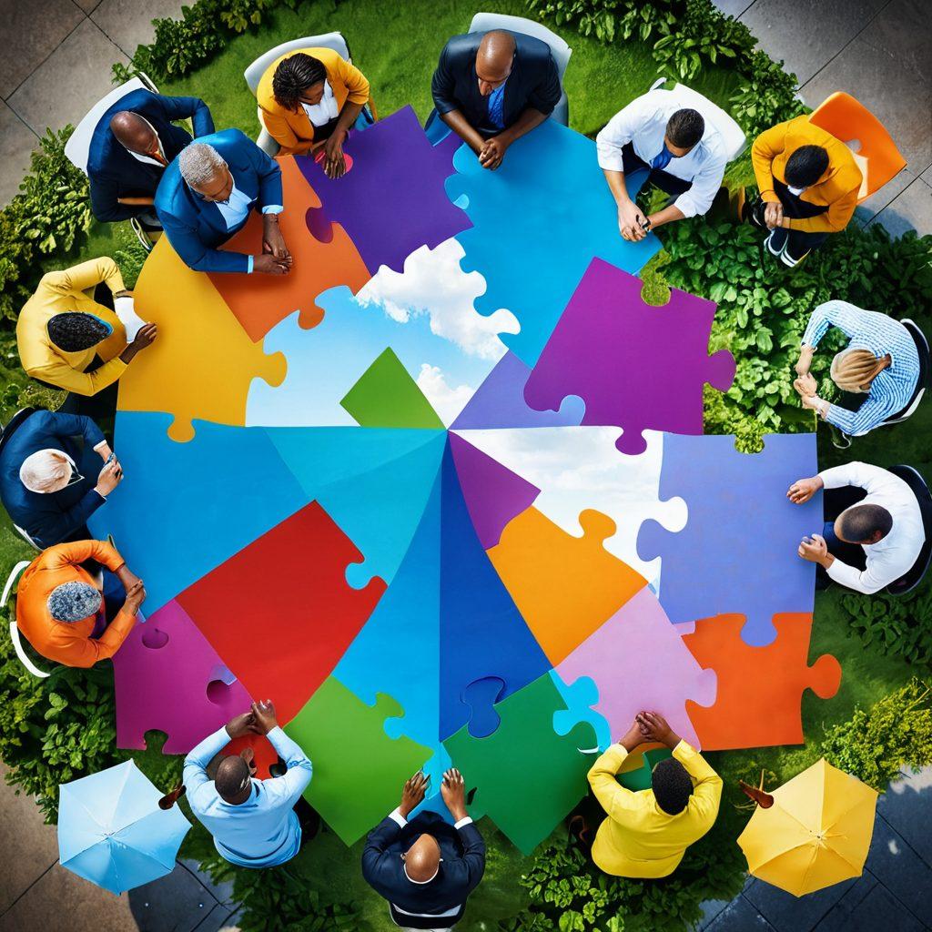 A diverse group of people huddled together, discussing insurance policies over a large puzzle piece symbolizing unity and collaboration. In the background, a futuristic cityscape represents a strong future, while various insurance symbols (like a shield, umbrella, and medical cross) creatively merge with natural elements like trees and clouds. The scene embodies hope, security, and teamwork with vibrant colors. super-realistic. vibrant colors. 3D.