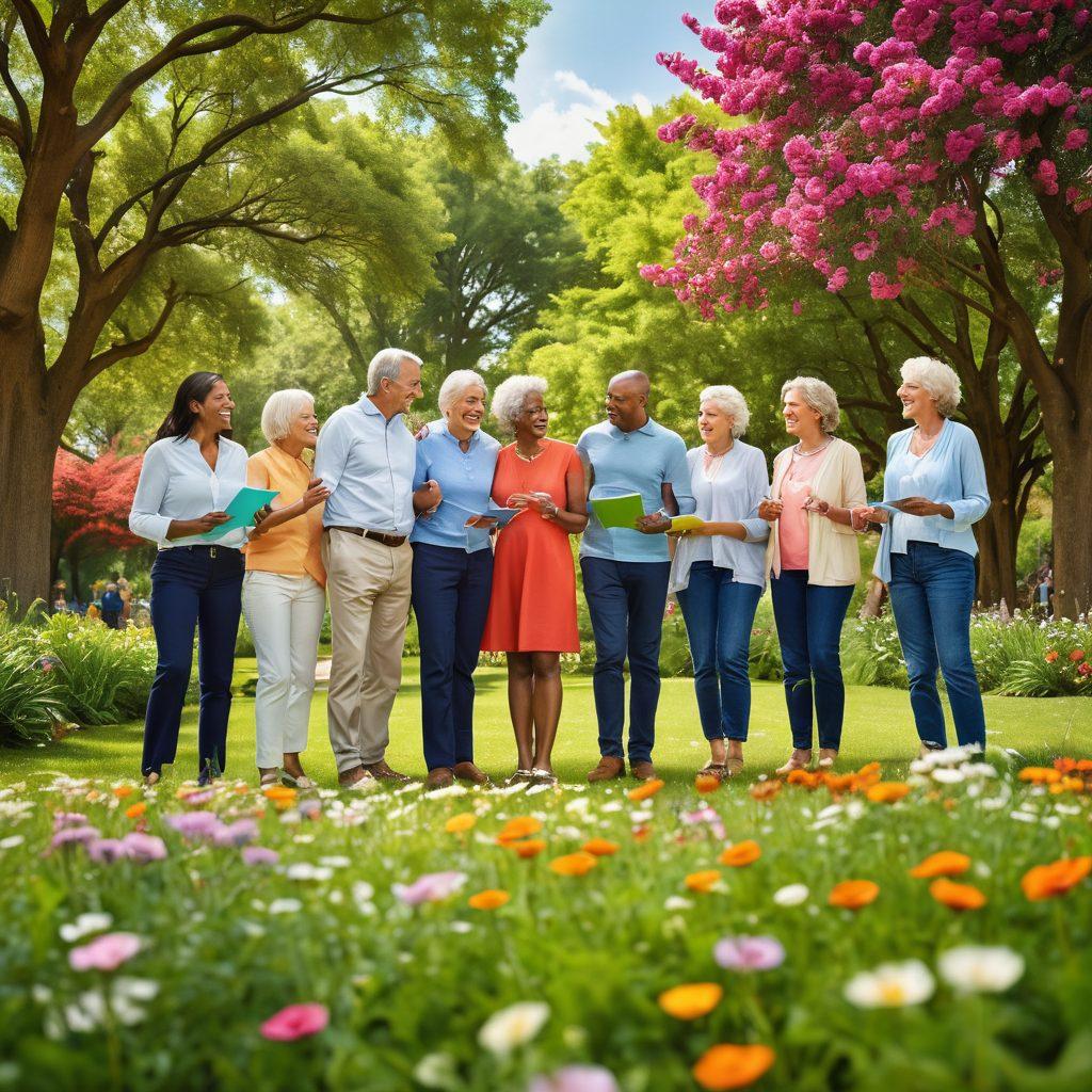 A diverse group of people gathered in a vibrant community park, engaging in a lively discussion about insurance options, with visual elements like graphs and network connections appearing in the air. Show a mix of age groups and backgrounds, smiling and collaborating, surrounded by trees and flowers to symbolize growth and togetherness. Use bright colors to convey positivity and unity. super-realistic. vibrant colors. soft focus.